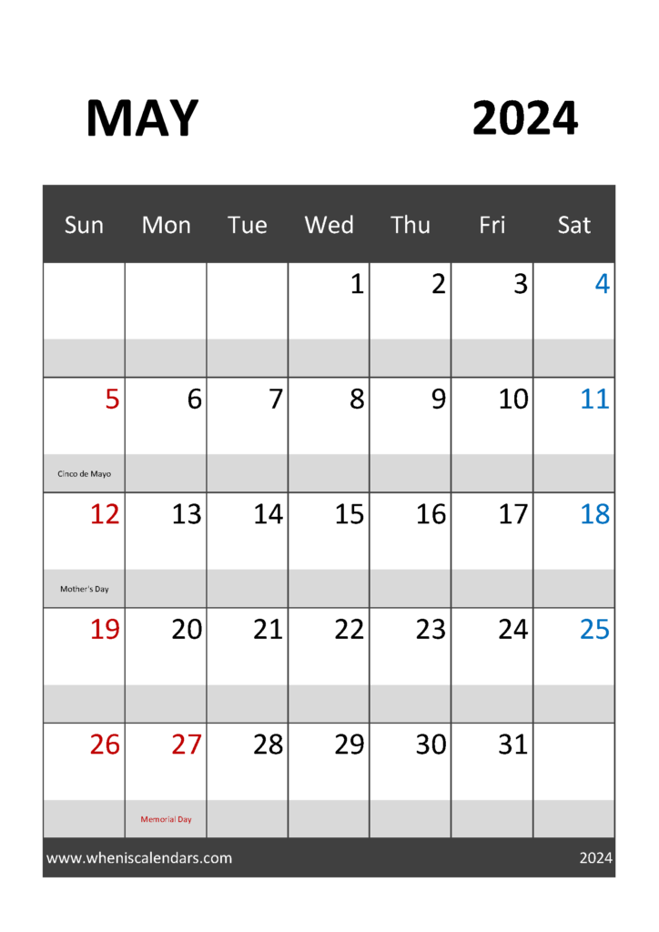 Download Blank 2024 May Calendar A4 Vertical 54032