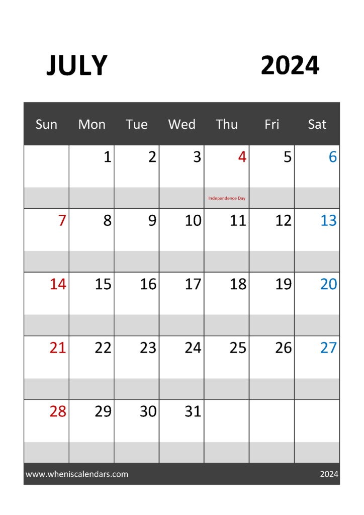 Download Blank 2024 July Calendar A4 Vertical 74032