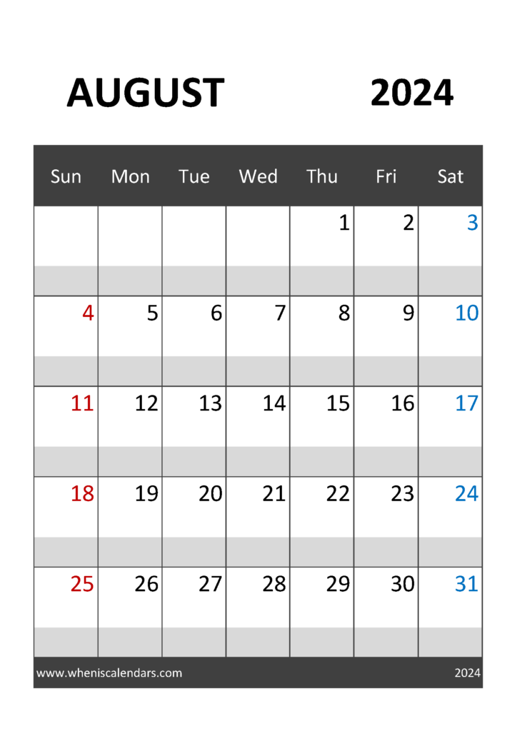 Download Blank 2024 August Calendar A4 Vertical 84032