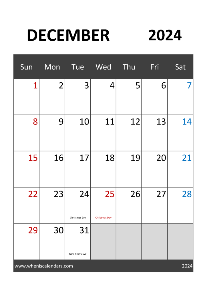 Download 2024 December Calendar with Holidays A4 Vertical 124033