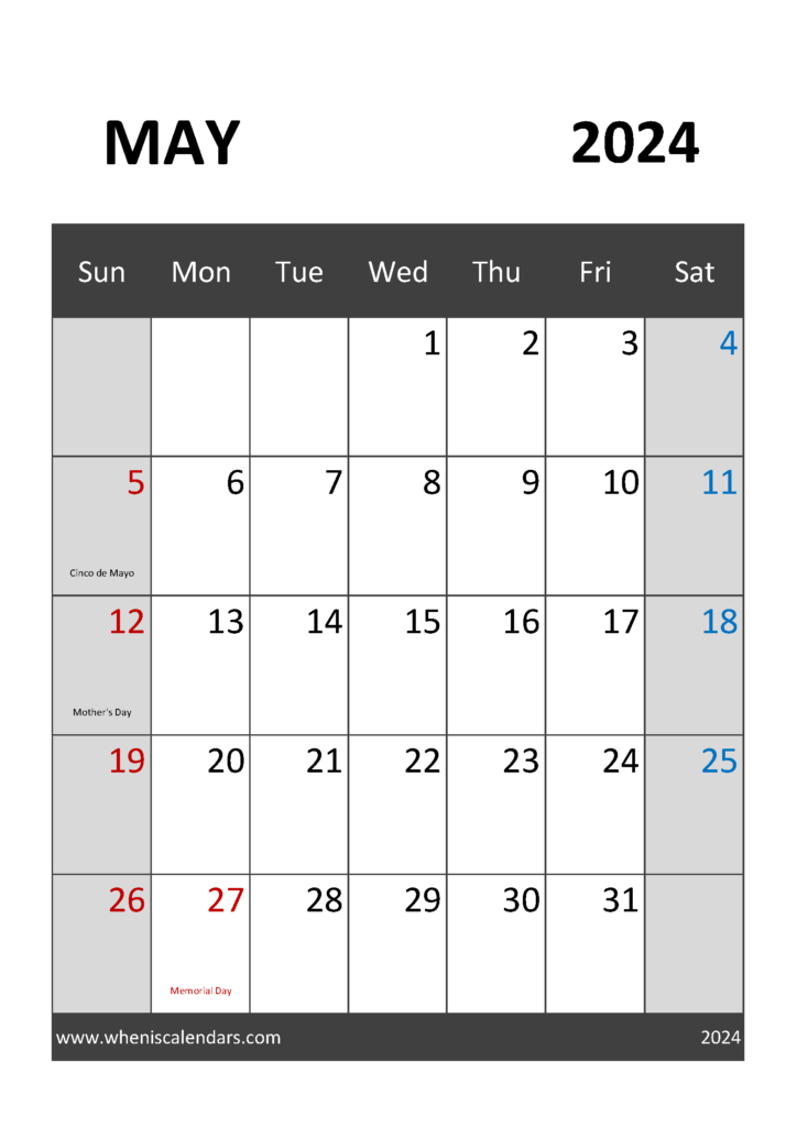 Download Printable May 2024 Calendar page A4 Vertical 54034