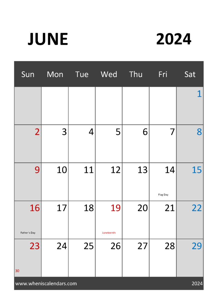 Download Printable June 2024 Calendar page A4 Vertical 64034