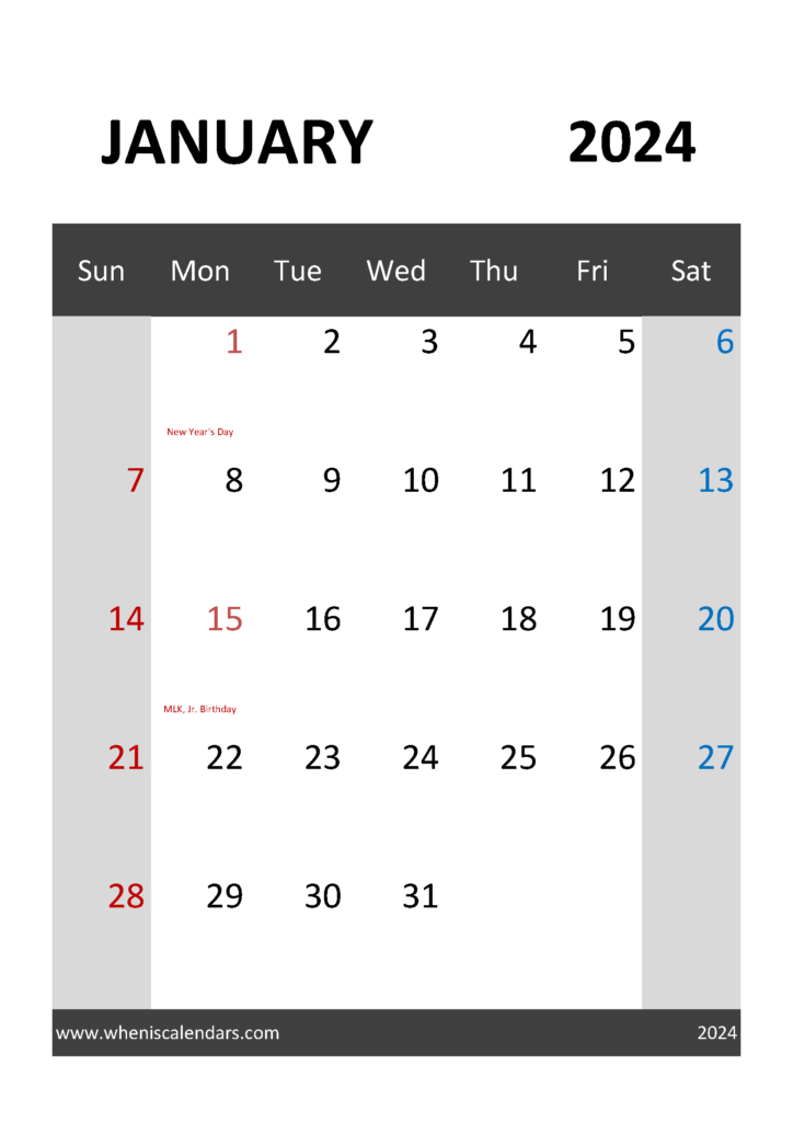 Download editable January 2024 Calendar A4 Vertical J4035