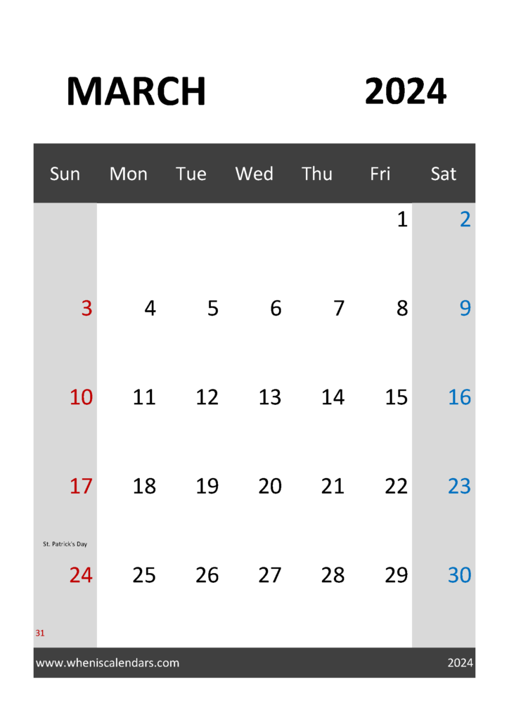 Download editable March 2024 Calendar A4 Vertical 34035