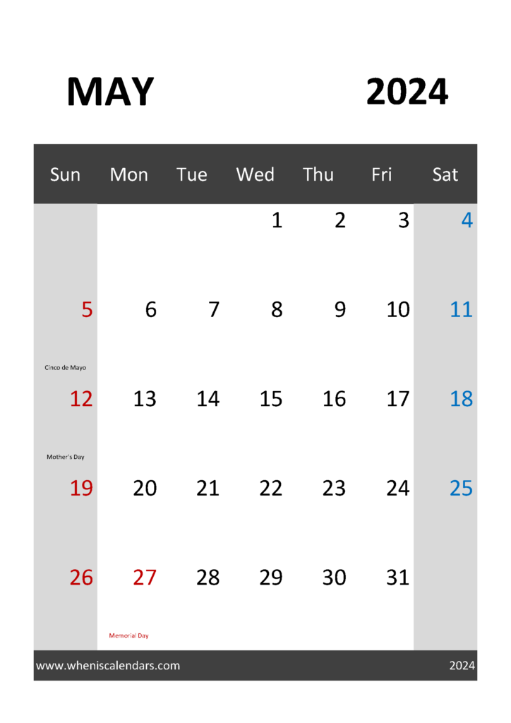 Download editable May 2024 Calendar A4 Vertical 54035