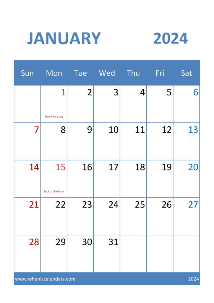 Download Calendar for January 2024 Printable A4 Vertical J4036