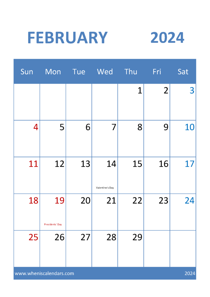 Download Calendar for February 2024 Printable A4 Vertical 24036