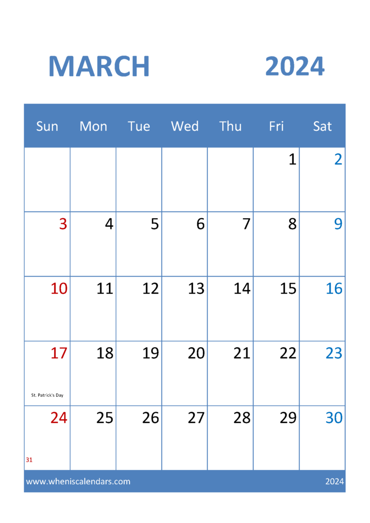 Download Calendar for March 2024 Printable A4 Vertical 34036