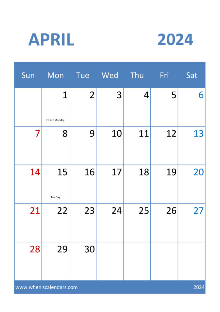 Download Calendar for April 2024 Printable A4 Vertical 44036