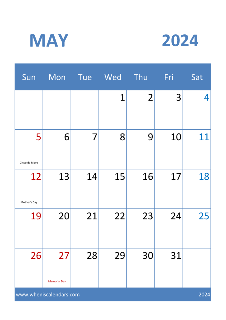 Download Calendar for May 2024 Printable A4 Vertical 54036