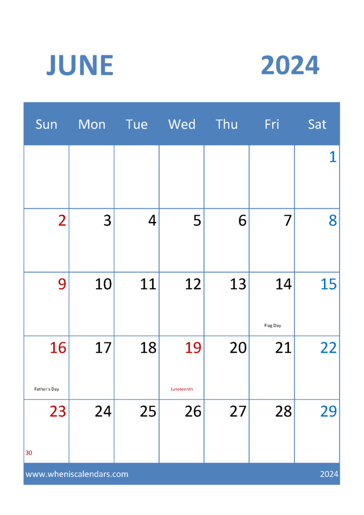 Download Calendar for June 2024 Printable A4 Vertical 64036