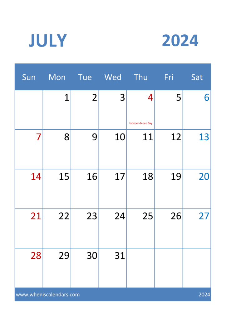 Download Calendar for July 2024 Printable A4 Vertical 74036