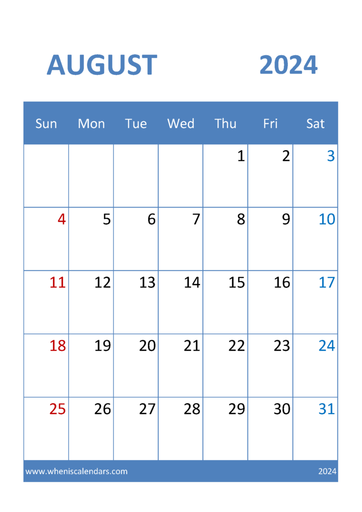 Download Calendar for August 2024 Printable A4 Vertical 84036