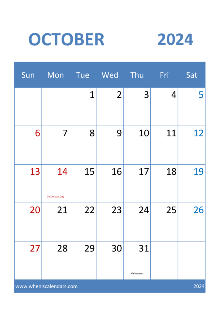 Download Calendar for October 2024 Printable A4 Vertical 104036