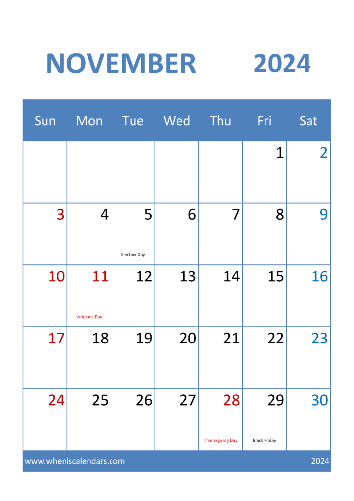 Download Calendar for November 2024 Printable A4 Vertical 114036