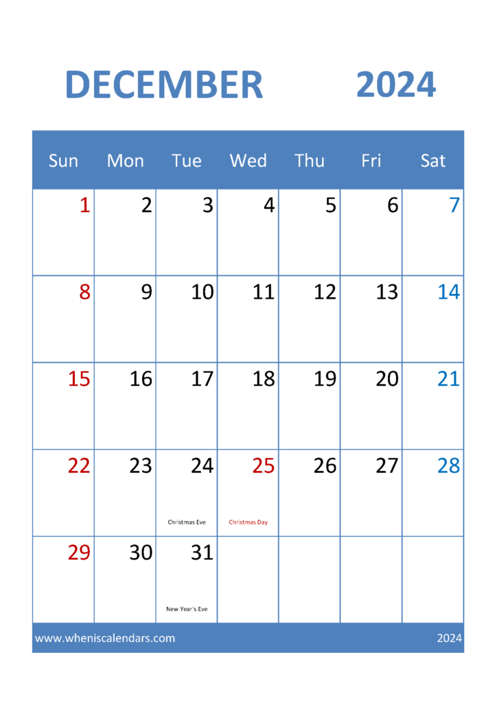 Download Calendar for December 2024 Printable A4 Vertical 124036