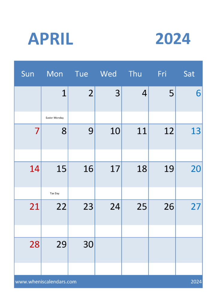 Download Printable monthly Calendar April 2024 A4 Vertical 44037