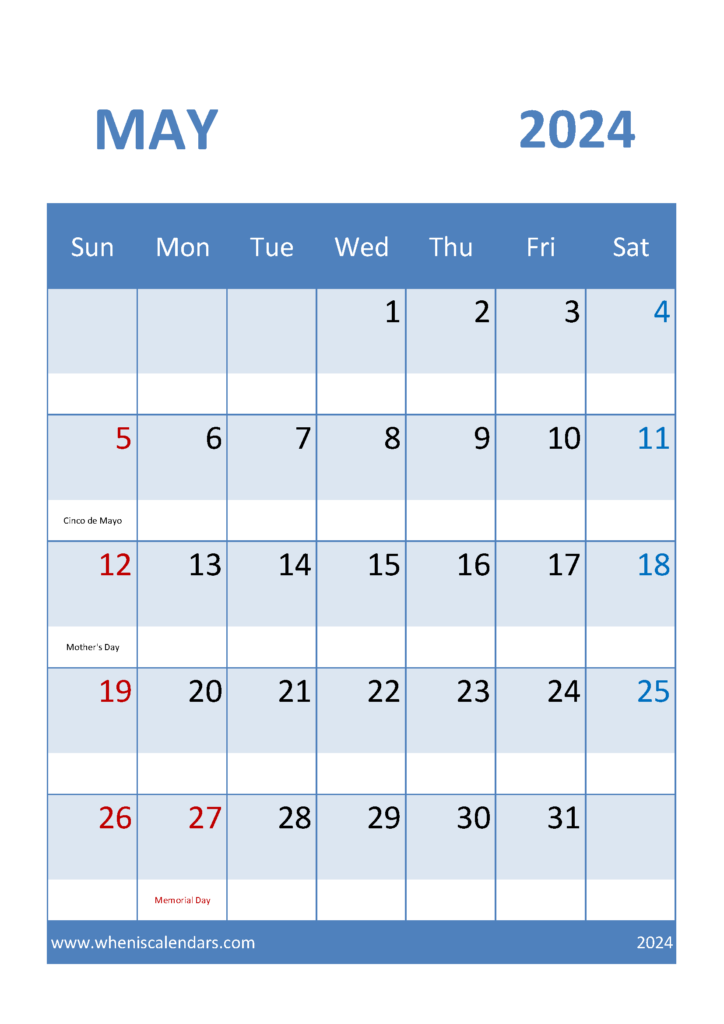 Download Printable monthly Calendar May 2024 A4 Vertical 54037