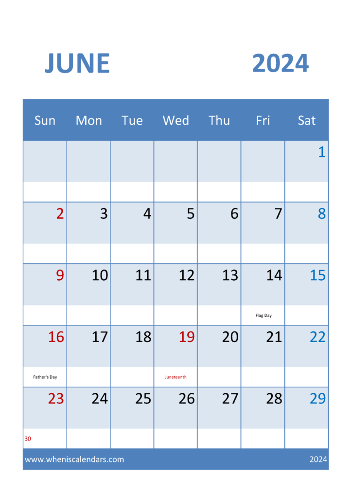 Download Printable monthly Calendar June 2024 A4 Vertical 64037