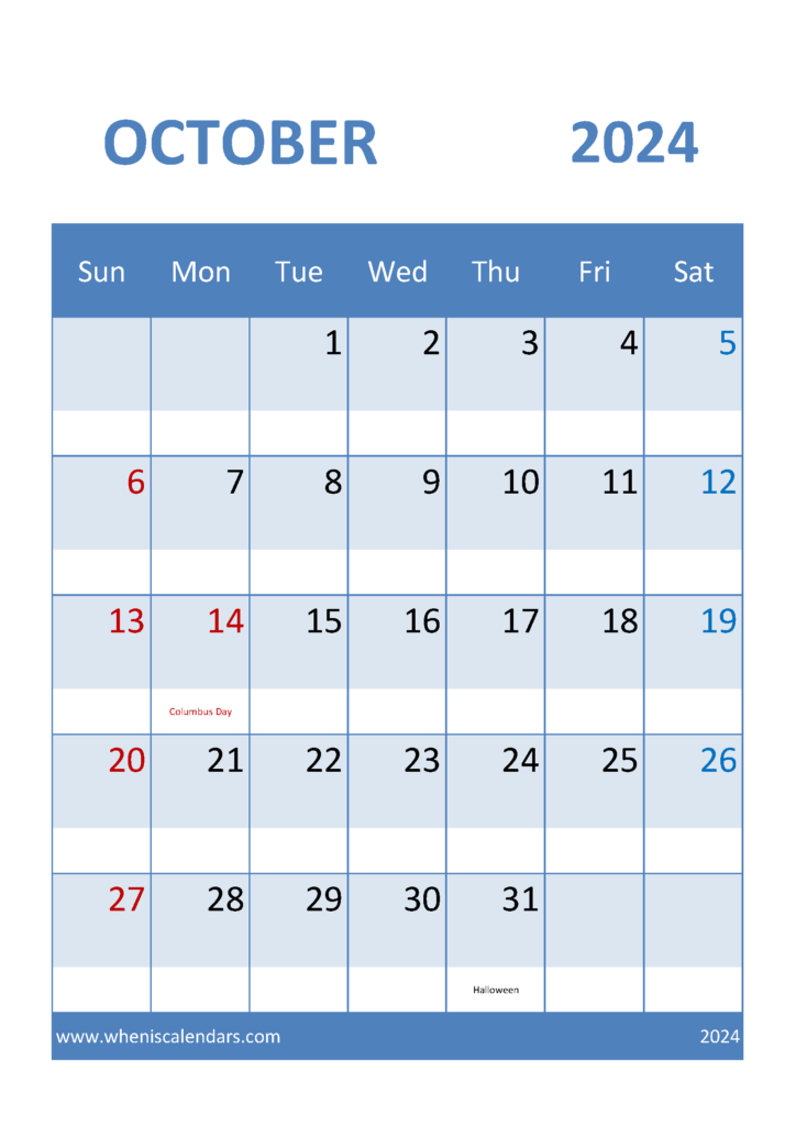 Download Printable monthly Calendar October 2024 A4 Vertical 104037
