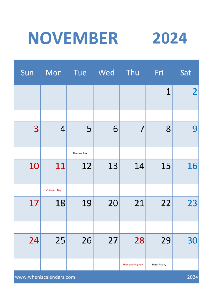 Download Printable monthly Calendar November 2024 A4 Vertical 114037