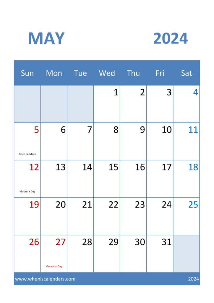 Download May Free Printable Calendar 2024 A4 Vertical 54038