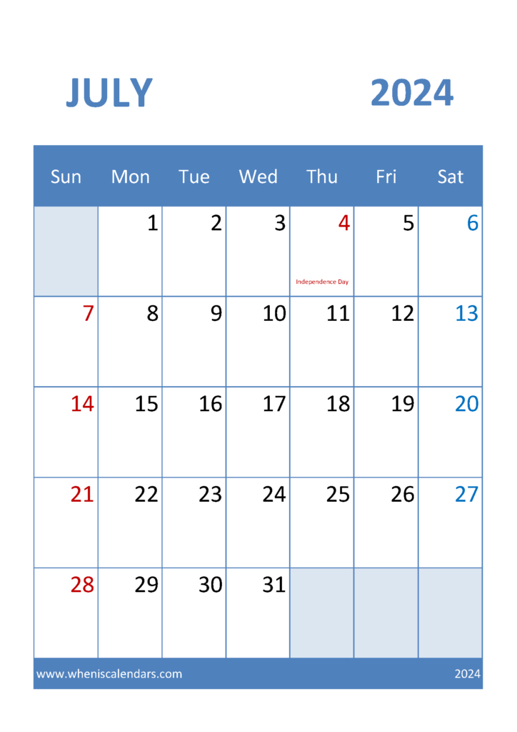 Download July Free Printable Calendar 2024 A4 Vertical 74038