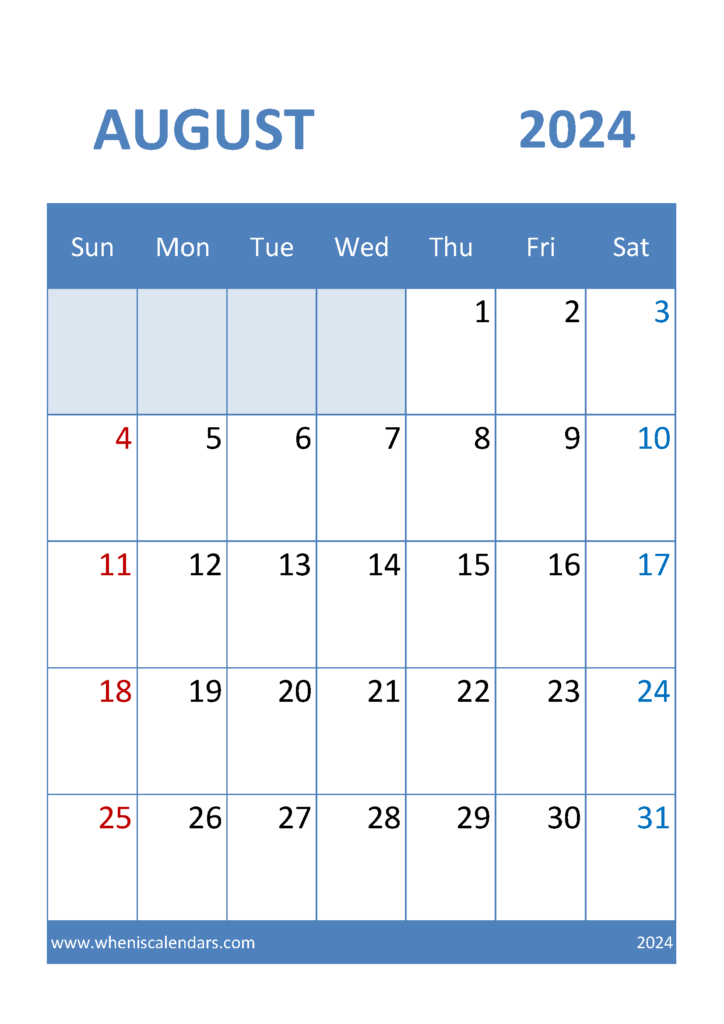 Download August Free Printable Calendar 2024 A4 Vertical 84038