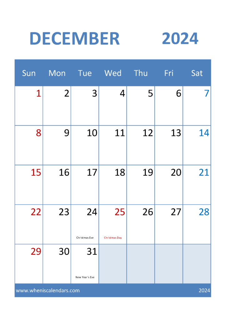 Download December Free Printable Calendar 2024 A4 Vertical 124038
