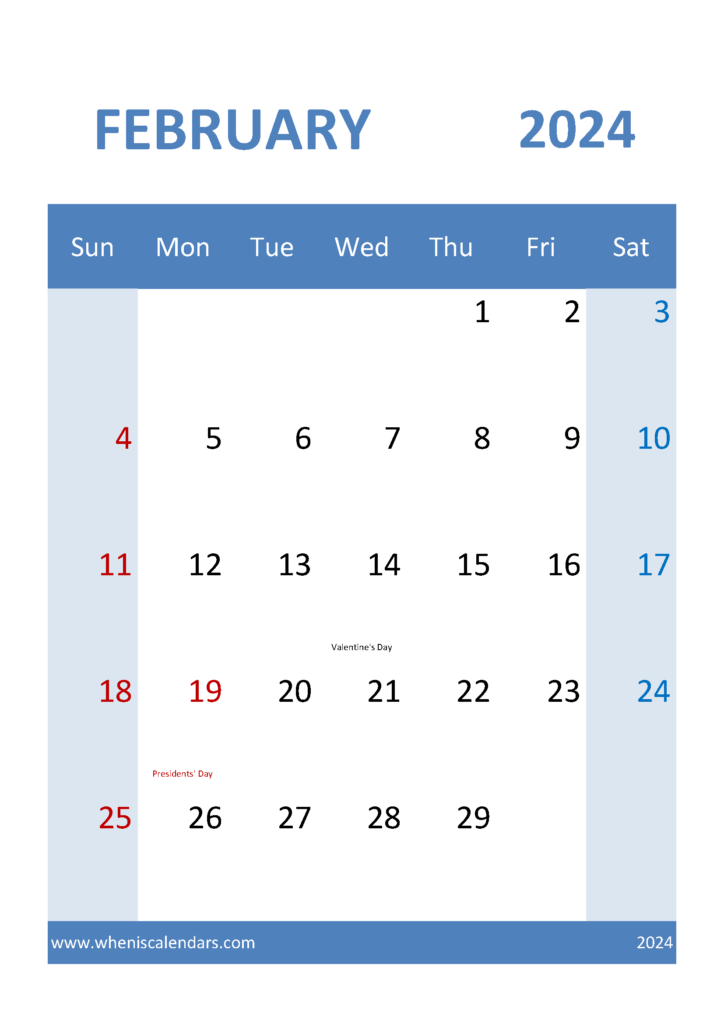 Download print Calendar February 2024 A4 Vertical 24040