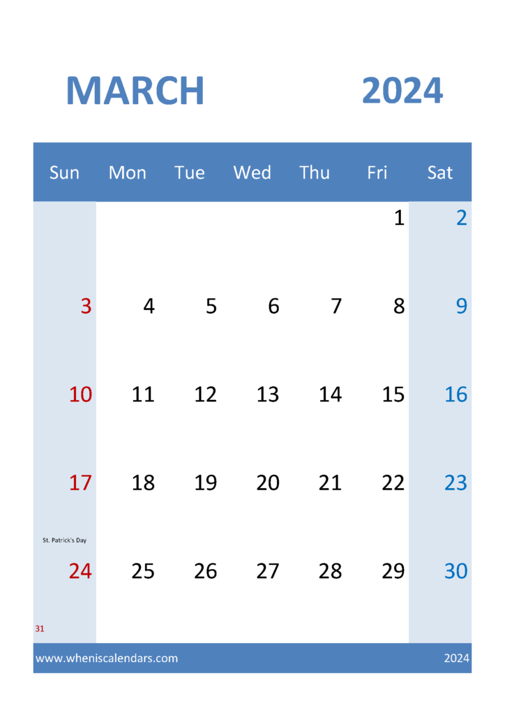Download print Calendar March 2024 A4 Vertical 34040
