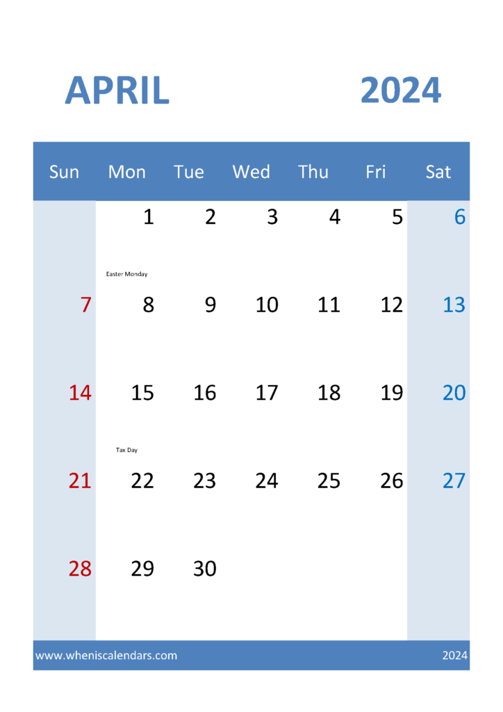Download print Calendar April 2024 A4 Vertical 44040