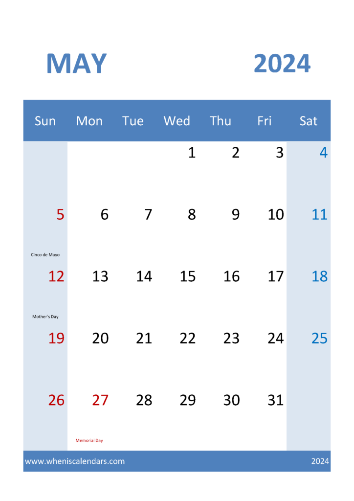 Download print Calendar May 2024 A4 Vertical 54040