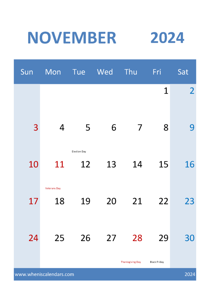 Download print Calendar November 2024 A4 Vertical 114040