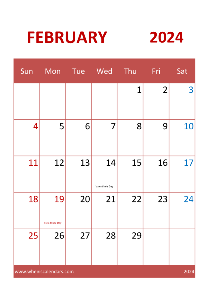 Download February 2024 Calendar Free A4 Vertical 24041