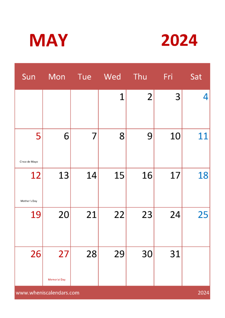 Download May 2024 Calendar Free A4 Vertical 54041