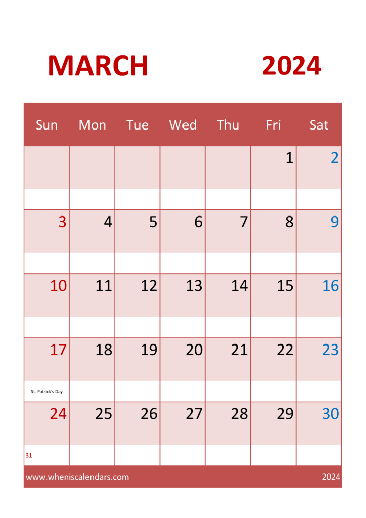 Download Calendar March 2024 Free Printable A4 Vertical 34042