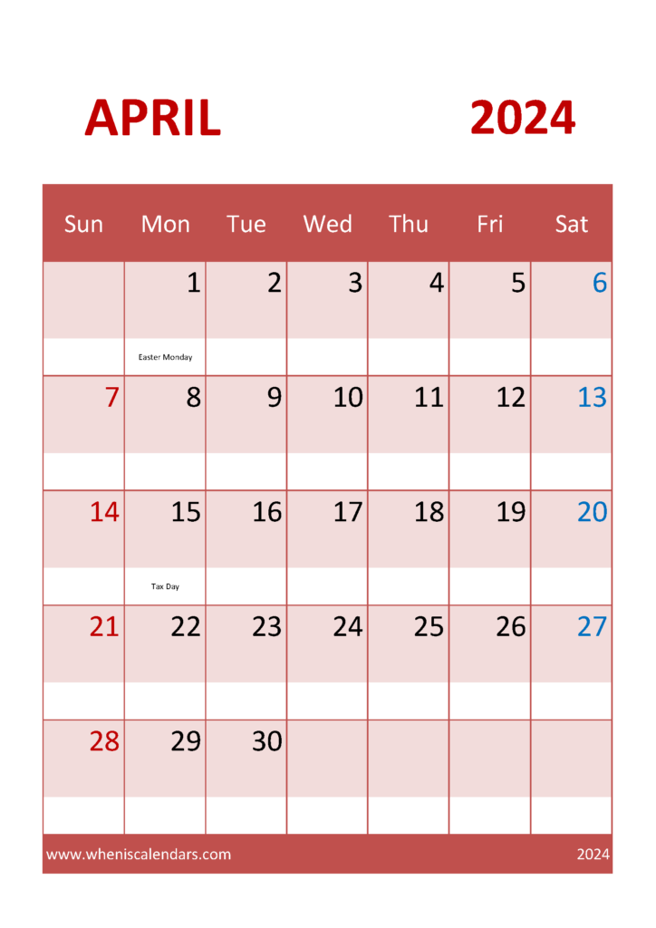 Download Calendar April 2024 Free Printable A4 Vertical 44042