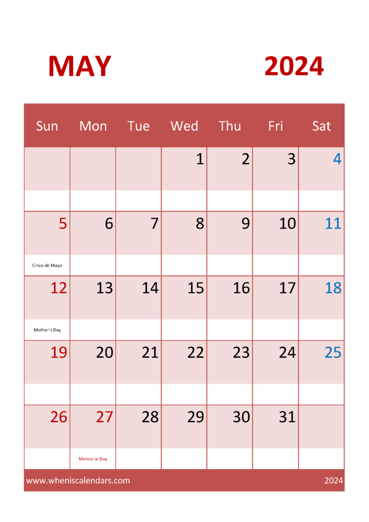 Download Calendar May 2024 Free Printable A4 Vertical 54042