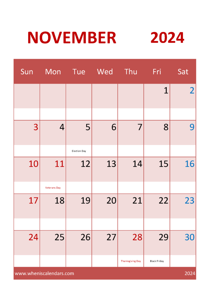 Download Calendar November 2024 Free Printable A4 Vertical 114042