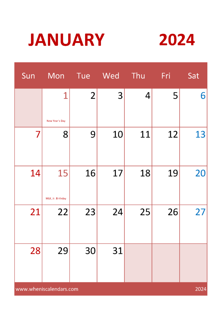 Download Free Calendar January 2024 A4 Vertical J4043
