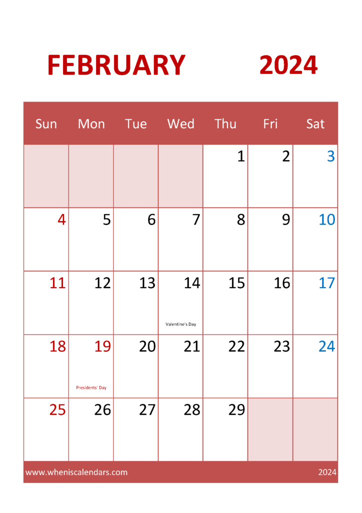 Download Free Calendar February 2024 A4 Vertical 24043