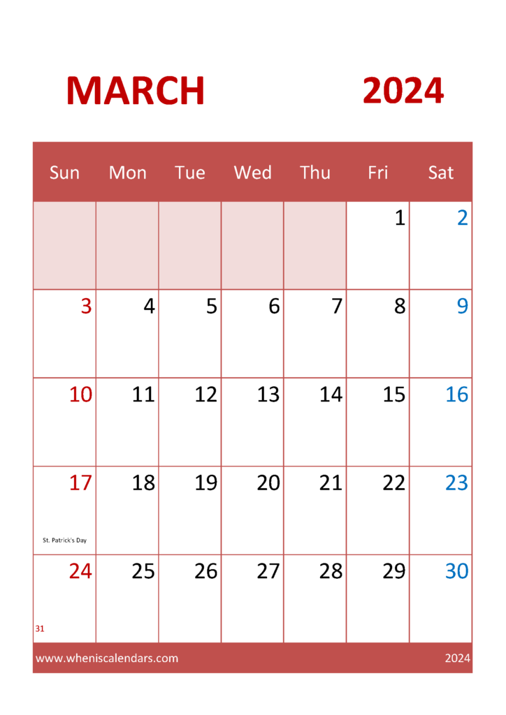 Download Free Calendar March 2024 A4 Vertical 34043