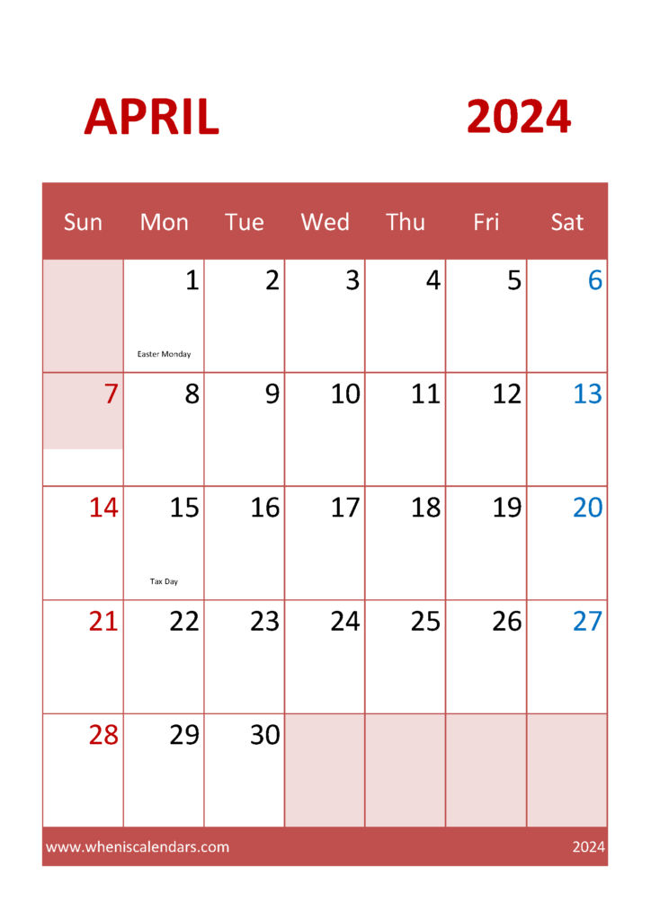 Download Free Calendar April 2024 A4 Vertical 44043