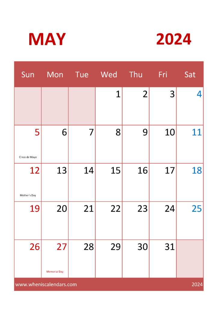 Download Free Calendar May 2024 A4 Vertical 54043