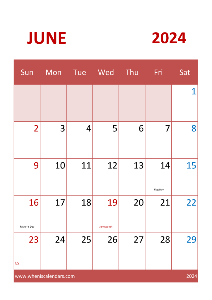 Download Free Calendar June 2024 A4 Vertical 64043