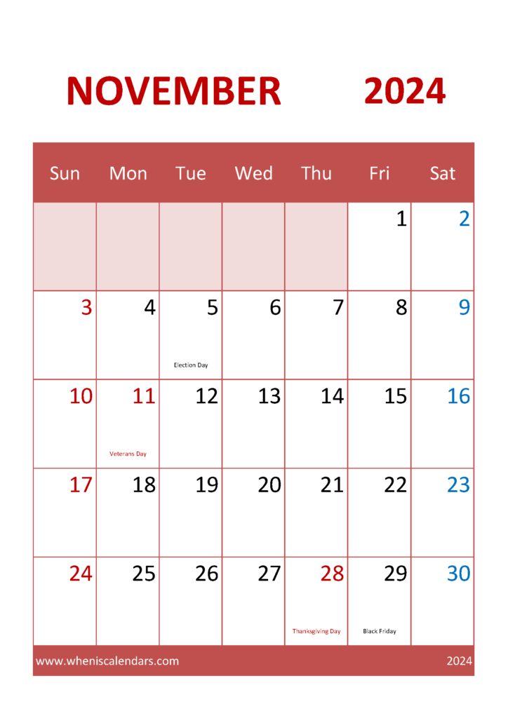 Download Free Calendar November 2024 A4 Vertical 114043