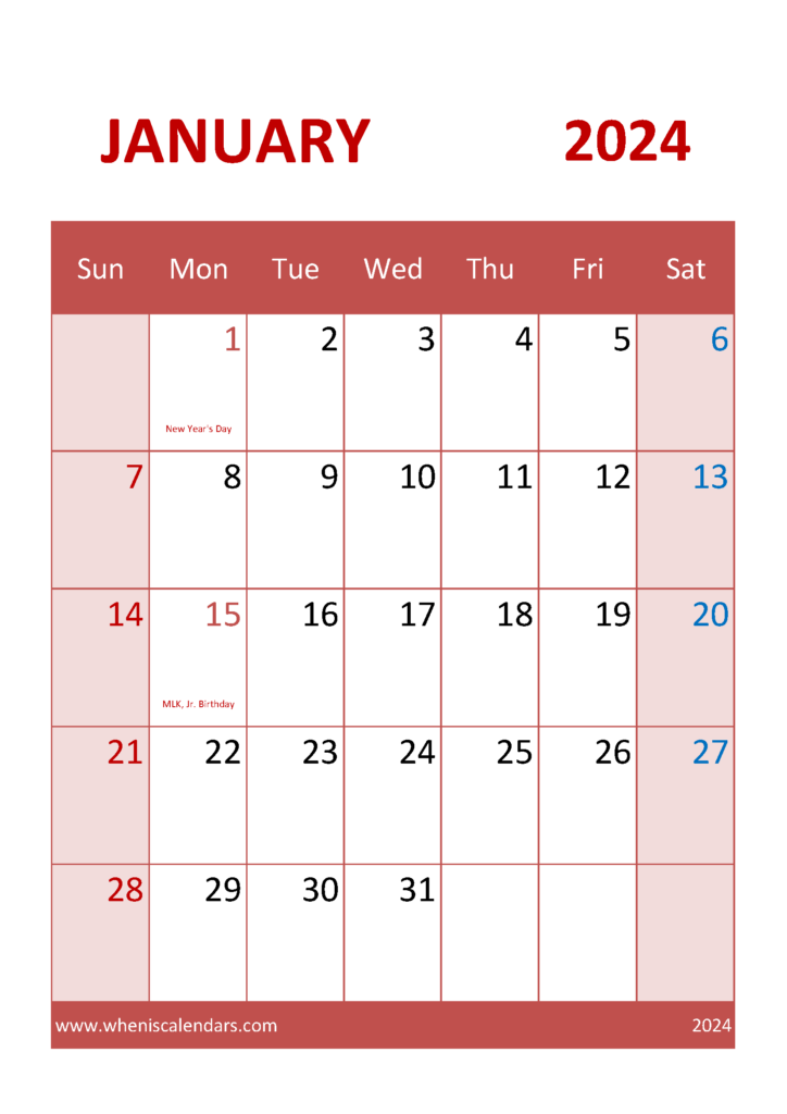 Download January 2024 editable Calendar A4 Vertical J4044