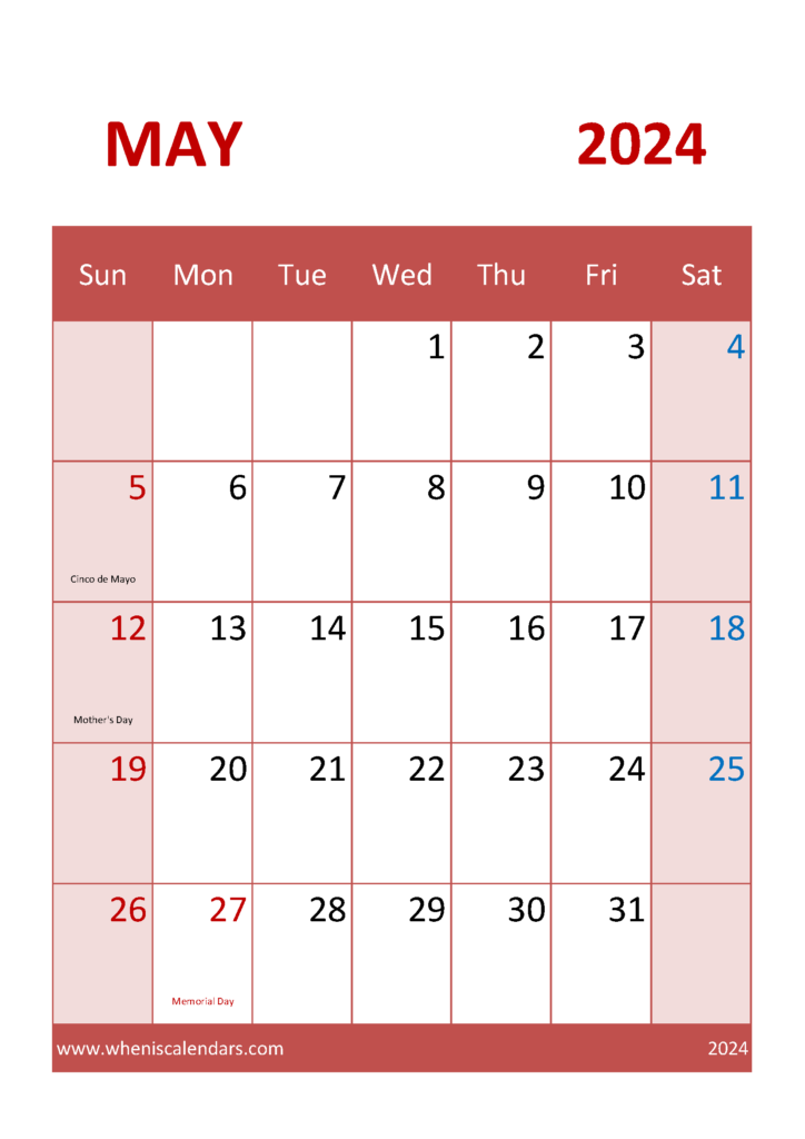 Download May 2024 editable Calendar A4 Vertical 54044