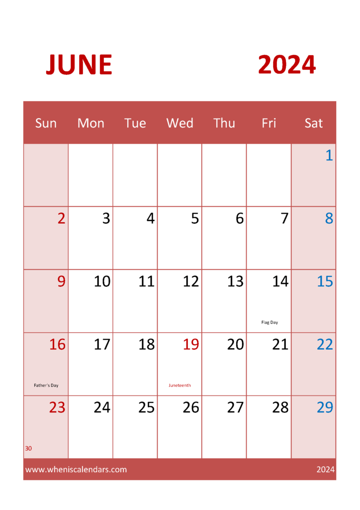 Download June 2024 editable Calendar A4 Vertical 64044